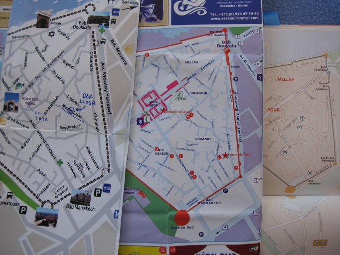 Three maps of the same part of Essaouira. The two on the right are fairly similar but the one on the left is wildly different!